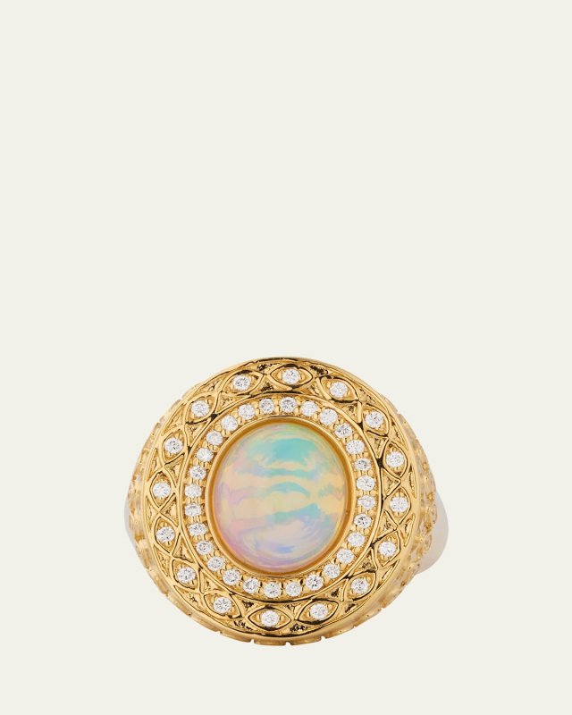 14K Yellow Gold Marquise Eye Opal Cabochon Signet Ring with Diamonds